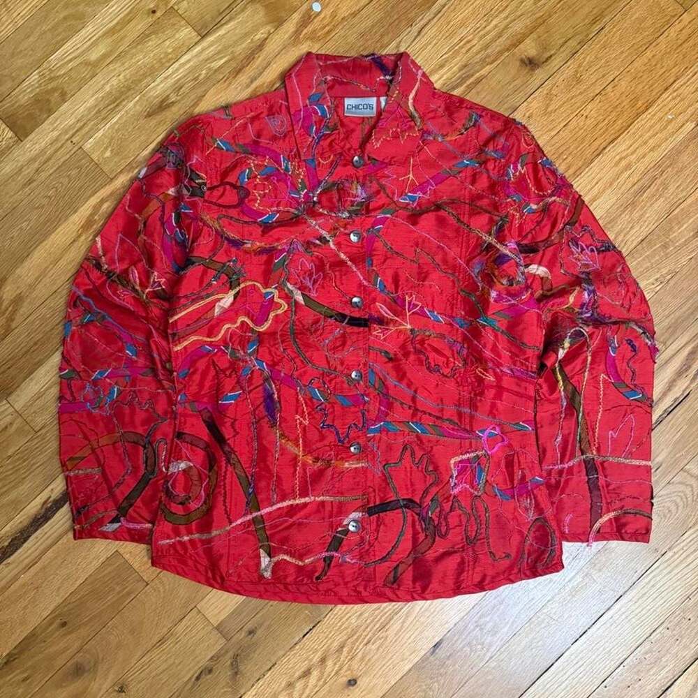 Chico's Silk Embroidered Jacket Women's Size 0 Red Multicolor Abstract Blouse